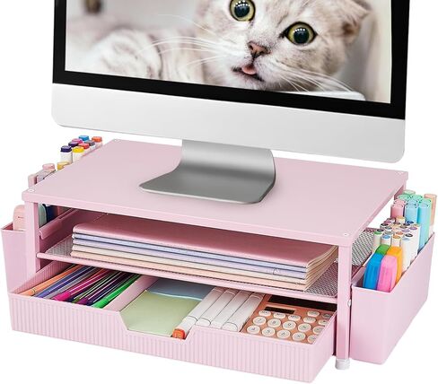 Desk Organizer and Accessories, 2-Tier Computer Monitor Stand Rise with Storage Drawer & 2 Pen Holders, Laptop & Printer Stand for Desktop, Workspace Organizers for Office Supplies (Black) in Kuwait