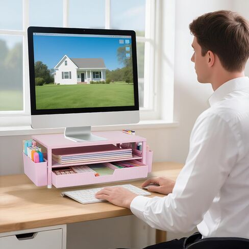 Desk Organizer and Accessories, 2-Tier Computer Monitor Stand Rise with Storage Drawer & 2 Pen Holders, Laptop & Printer Stand for Desktop, Workspace Organizers for Office Supplies (Black) in Kuwait