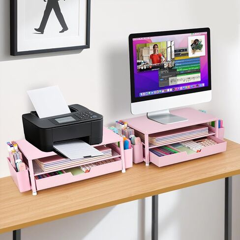 Desk Organizer and Accessories, 2-Tier Computer Monitor Stand Rise with Storage Drawer & 2 Pen Holders, Laptop & Printer Stand for Desktop, Workspace Organizers for Office Supplies (Black) in Kuwait