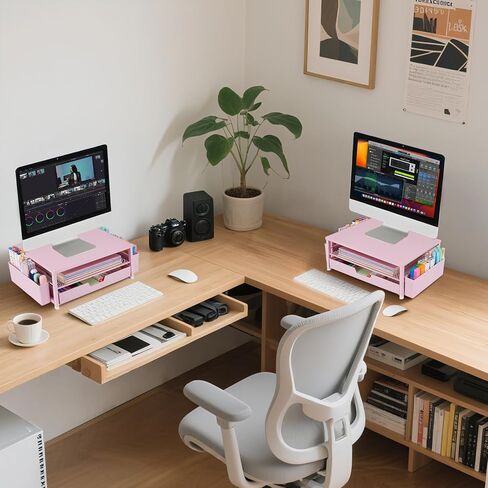 Desk Organizer and Accessories, 2-Tier Computer Monitor Stand Rise with Storage Drawer & 2 Pen Holders, Laptop & Printer Stand for Desktop, Workspace Organizers for Office Supplies (Black) in Kuwait