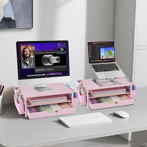 Desk Organizer and Accessories, 2-Tier Computer Monitor Stand Rise with Storage Drawer & 2 Pen Holders, Laptop & Printer Stand for Desktop, Workspace Organizers for Office Supplies (Black) in Kuwait