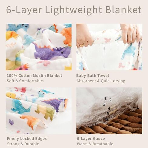 Muslin Swaddle Blankets 6-Layer Cotton Baby Blankets for Boys & Girls 43"X43"Inches Receiving Blankets,Soft Skin-Friendly Baby Crib Blanket,Breathable Quilt Bedspread(Jurassic Dinosaurs) in Saudi Arabia