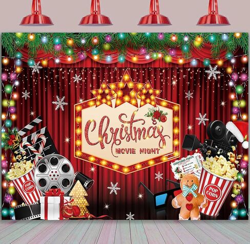 BINQOO Christmas Movie Night Backdrop 7x5FT Christmas Movie Party Photography Background Winter Merry Xmas Holiday Decorations Banner Photo Shoot Props in Kuwait