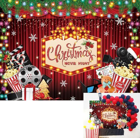 BINQOO Christmas Movie Night Backdrop 7x5FT Christmas Movie Party Photography Background Winter Merry Xmas Holiday Decorations Banner Photo Shoot Props in Kuwait
