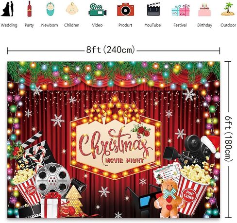 BINQOO Christmas Movie Night Backdrop 7x5FT Christmas Movie Party Photography Background Winter Merry Xmas Holiday Decorations Banner Photo Shoot Props in Kuwait
