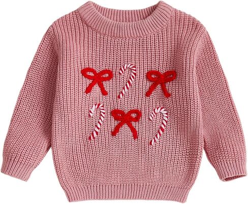 Toddler Girl Christmas Sweaters Long Sleeve Round Neck Bow Candy Cane Embroidery Tops Fall Winter Sweatshirts in Saudi Arabia