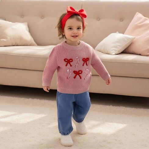 Toddler Girl Christmas Sweaters Long Sleeve Round Neck Bow Candy Cane Embroidery Tops Fall Winter Sweatshirts in Saudi Arabia