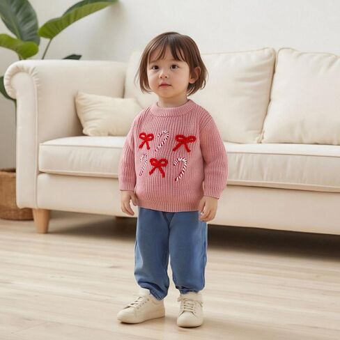 Toddler Girl Christmas Sweaters Long Sleeve Round Neck Bow Candy Cane Embroidery Tops Fall Winter Sweatshirts in Saudi Arabia