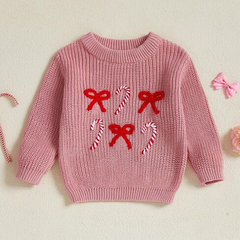 Toddler Girl Christmas Sweaters Long Sleeve Round Neck Bow Candy Cane Embroidery Tops Fall Winter Sweatshirts in Saudi Arabia