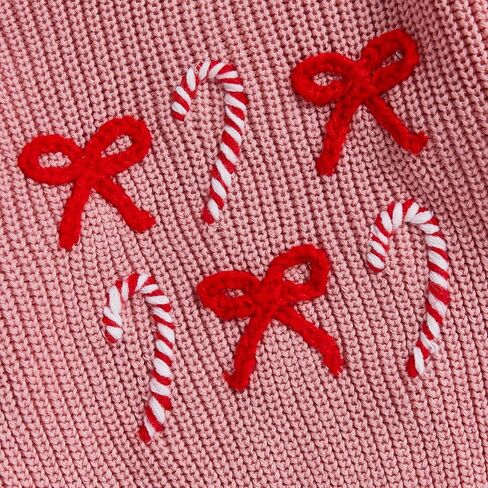 Toddler Girl Christmas Sweaters Long Sleeve Round Neck Bow Candy Cane Embroidery Tops Fall Winter Sweatshirts in Saudi Arabia