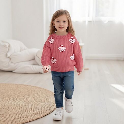 Toddler Girl Christmas Sweaters Long Sleeve Round Neck Bow Candy Cane Embroidery Tops Fall Winter Sweatshirts in Saudi Arabia