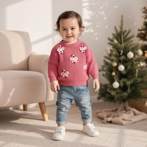 Toddler Girl Christmas Sweaters Long Sleeve Round Neck Bow Candy Cane Embroidery Tops Fall Winter Sweatshirts in Saudi Arabia
