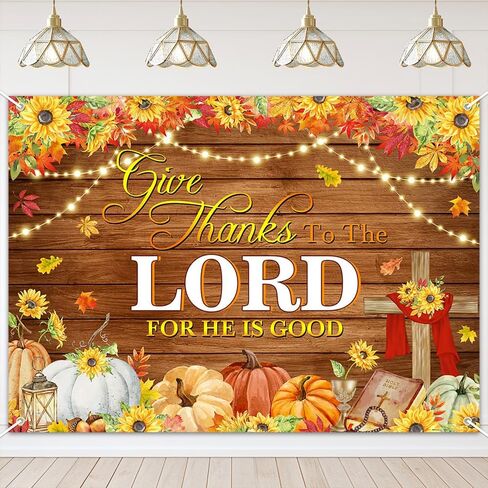 Mocsicka Give Thanks to The Lord Backdrop Christian Thanksgiving Banner Autumn Maple Leaves Pumpkins Religious Thanksgiving Harvest Party Supplies Wall Decor (6x3.6ft in Saudi Arabia