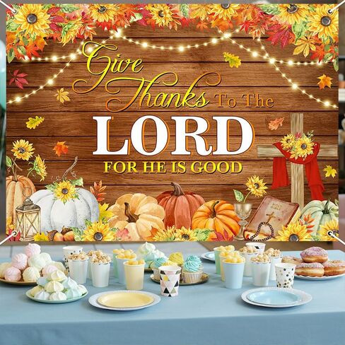 Mocsicka Give Thanks to The Lord Backdrop Christian Thanksgiving Banner Autumn Maple Leaves Pumpkins Religious Thanksgiving Harvest Party Supplies Wall Decor (6x3.6ft in Saudi Arabia