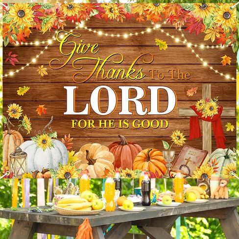 Mocsicka Give Thanks to The Lord Backdrop Christian Thanksgiving Banner Autumn Maple Leaves Pumpkins Religious Thanksgiving Harvest Party Supplies Wall Decor (6x3.6ft in Saudi Arabia