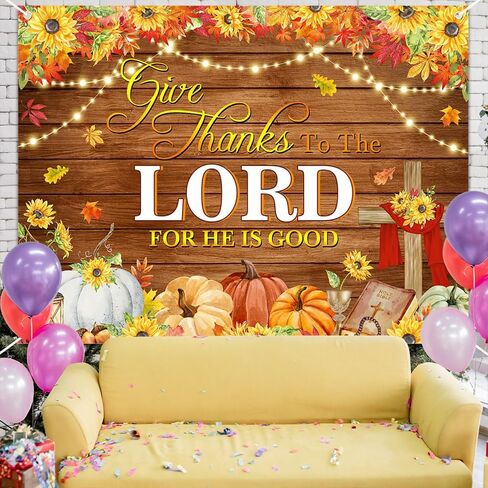 Mocsicka Give Thanks to The Lord Backdrop Christian Thanksgiving Banner Autumn Maple Leaves Pumpkins Religious Thanksgiving Harvest Party Supplies Wall Decor (6x3.6ft in Saudi Arabia