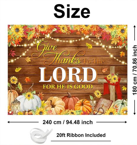 Mocsicka Give Thanks to The Lord Backdrop Christian Thanksgiving Banner Autumn Maple Leaves Pumpkins Religious Thanksgiving Harvest Party Supplies Wall Decor (6x3.6ft in Saudi Arabia