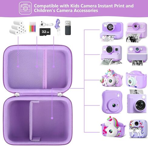 حقيبة حمل متوافقة مع Gofunly for LETSHAHA Kids Camera طباعة فورية، حقيبة تخزين كاميرا فيديو رقمية للأطفال مع حقيبة شبكية تناسب قلم الألوان، كابل، ورق طباعة ملفوف، بطاقة SD، أرجواني in Kuwait