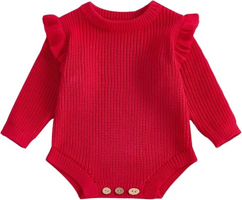 Baby Girl Sweater Bubble Romper Ruffle Long Sleeve Chunky Knit Solid Bodysuit Cute Newborn Infant Fall Winter Clothes in Kuwait