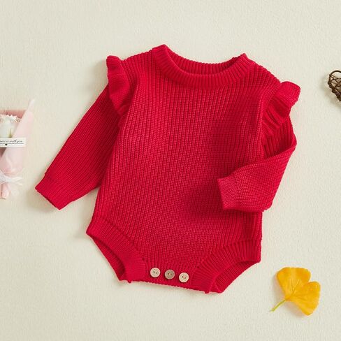 Baby Girl Sweater Bubble Romper Ruffle Long Sleeve Chunky Knit Solid Bodysuit Cute Newborn Infant Fall Winter Clothes in Kuwait