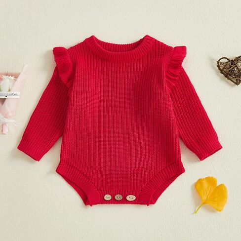 Baby Girl Sweater Bubble Romper Ruffle Long Sleeve Chunky Knit Solid Bodysuit Cute Newborn Infant Fall Winter Clothes in Kuwait