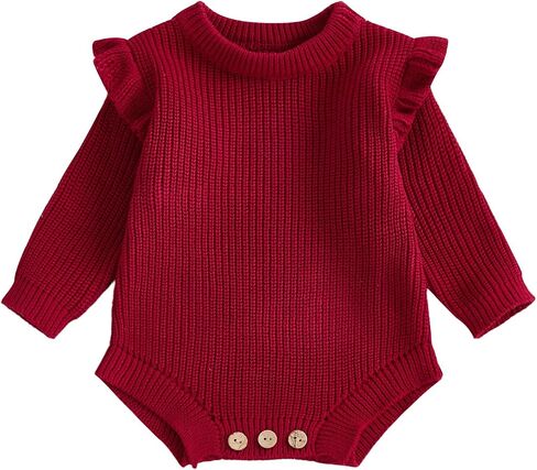 Baby Girl Sweater Bubble Romper Ruffle Long Sleeve Chunky Knit Solid Bodysuit Cute Newborn Infant Fall Winter Clothes in Kuwait