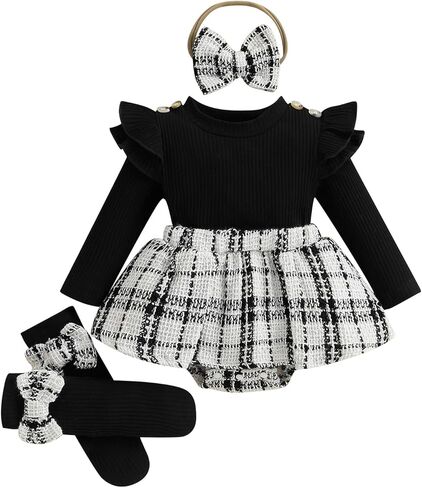 الوليد طفلة عطلة الزي طويلة الأكمام منقوشة تنورة رومبير اللباس عقال الجوارب مجموعة أزياء الخريف الشتاء الملابس in Kuwait