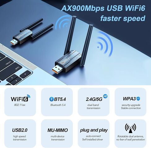 USB WiFi 6 محول Bluetooth لجهاز الكمبيوتر المكتبي ، AX900MBPS BAND 5/2.4GHz محول الشبكة اللاسلكية ， برنامج تشغيل مدمج للكمبيوتر/الكمبيوتر المحمول/سطح المكتب 4DBI المتوافق مع Windows 10/11 in Saudi Arabia
