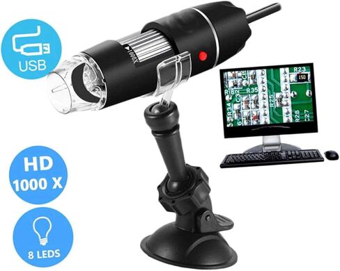 مجهر رقمي محمول USB مزود بمصابيح LED قابلة للتعديل ودعامة شفط سوداء لفحص دقيق للأشياء الصغيرة والتقاط صور الفيديو in Kuwait