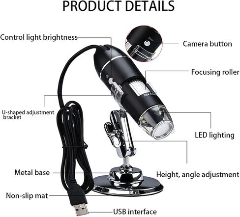 Adjustable 1600X 3 in 1 USB Digital Microscope Type-C Electronic Microscope Camera for 8 LED Zoom Magnifier (Color : Black Size : 1600X) (Black 1000X) in Saudi Arabia