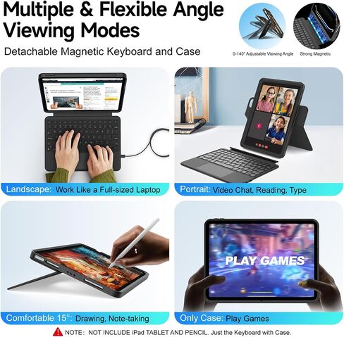 حالة لوحة المفاتيح المغناطيسية القابلة للفصل القابلة للدوار لـ iPad A16 11/10 ، مع لوحة تتبع أكبر لللمس ، مصد مقاوم للصدمات ، صورة دعم ، حامل قلم رصاص مغناطيسي ، حماية كاملة ، 7 إضاءة خلفية in Kuwait