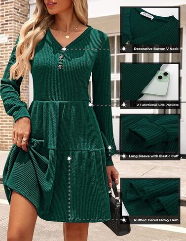 Kate Kasin Women's Long Sleeve Sweater Dresses 2025, Button V Neck Knit Dress, Fall Swing A Line Babydoll Dress with Pockets in Kuwait