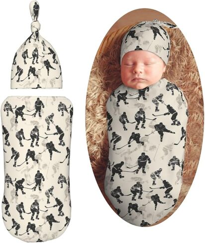 Watercolor Hockey Players Newborn Swaddle Blankets Hat Sets Soft Baby Receiving Blanket Swaddle Sack for Baby Shower Infant Boy Girl Gift in Saudi Arabia