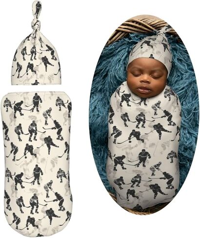 Watercolor Hockey Players Newborn Swaddle Blankets Hat Sets Soft Baby Receiving Blanket Swaddle Sack for Baby Shower Infant Boy Girl Gift in Saudi Arabia