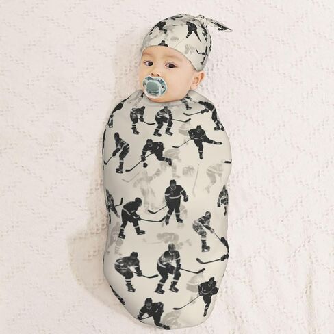 Watercolor Hockey Players Newborn Swaddle Blankets Hat Sets Soft Baby Receiving Blanket Swaddle Sack for Baby Shower Infant Boy Girl Gift in Saudi Arabia