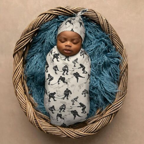 Watercolor Hockey Players Newborn Swaddle Blankets Hat Sets Soft Baby Receiving Blanket Swaddle Sack for Baby Shower Infant Boy Girl Gift in Saudi Arabia