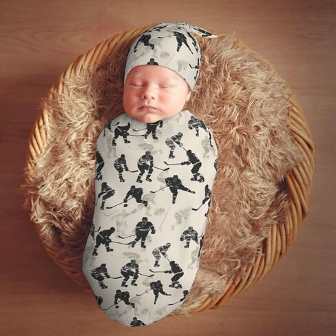 Watercolor Hockey Players Newborn Swaddle Blankets Hat Sets Soft Baby Receiving Blanket Swaddle Sack for Baby Shower Infant Boy Girl Gift in Saudi Arabia