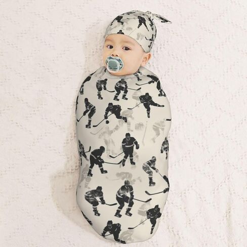 Watercolor Hockey Players Newborn Swaddle Blankets Hat Sets Soft Baby Receiving Blanket Swaddle Sack for Baby Shower Infant Boy Girl Gift in Saudi Arabia