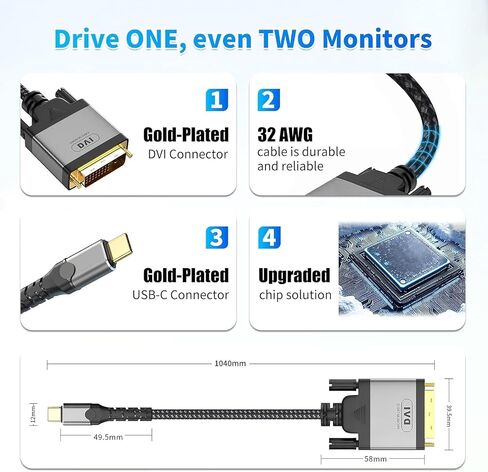 USB C to DVI Cable 3.3 ft - Support 4K@30Hz 32 AWG Durable Cable,Type-C to DVI Adapter for Monitors, Projectors and Other Devices in Saudi Arabia