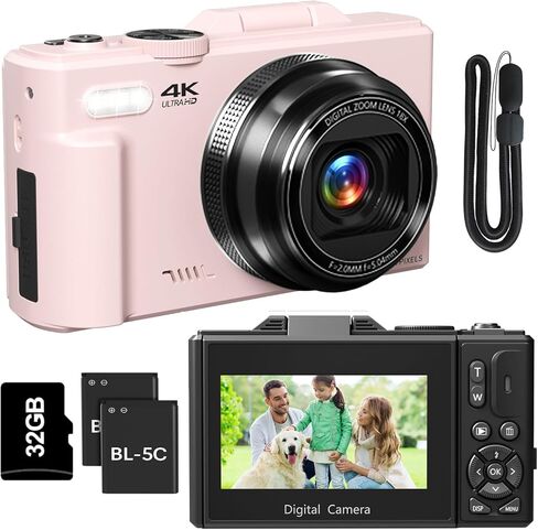 حزمة كاميرا رقمية بدقة 4K، وكاميرات تسجيل فيديو بدقة 64 ميجابكسل مع شبكة WiFi، وشاشة قابلة للطي مقاس 3 بوصات، وتكبير/تصغير 18X، تتضمن كاميرات باللونين الوردي والأسود، وبطاريتين وبطاقة SD سعة 32 جيجابايت in Kuwait