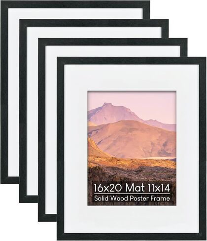 8x10 Wooden Picture Frame Set of 4 (with 5x7 Mat), Solid Wood with Real HD Glass, for Tabletop or Wall Mount, Home Office Photo Frames Collage Wall Décor, Black in Saudi Arabia