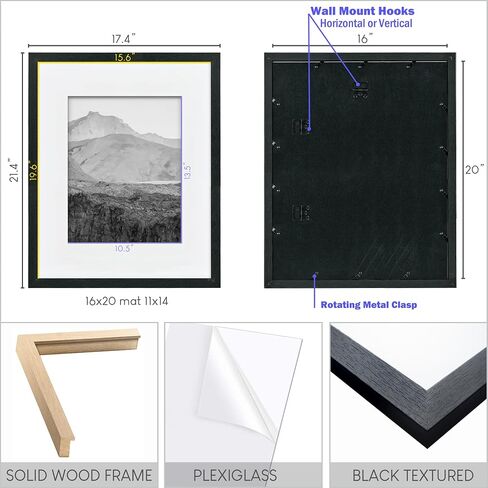 8x10 Wooden Picture Frame Set of 4 (with 5x7 Mat), Solid Wood with Real HD Glass, for Tabletop or Wall Mount, Home Office Photo Frames Collage Wall Décor, Black in Saudi Arabia