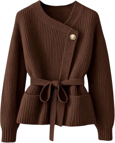 Verdusa Women's Old Money Ribbed Knit Cardigan Long Sleeve Asymmetrical Belted Sweaters in Saudi Arabia