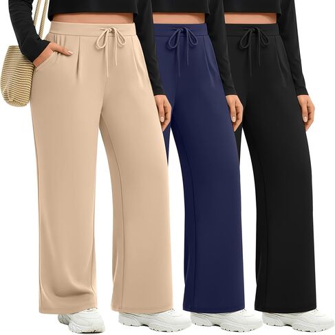 3 Pack Women's Plus Size Wide Leg Yoga Pants, Drawstring Lounge Sweatpants Loose Casual Workout Pants with Pockets in Saudi Arabia