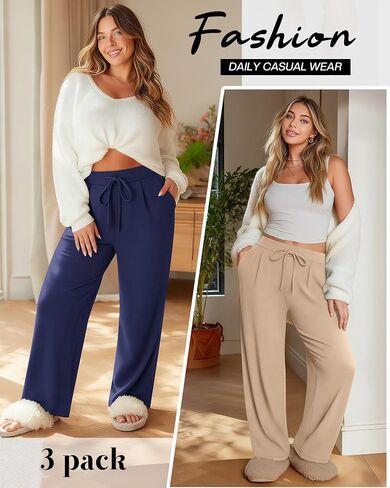 3 Pack Women's Plus Size Wide Leg Yoga Pants, Drawstring Lounge Sweatpants Loose Casual Workout Pants with Pockets in Saudi Arabia