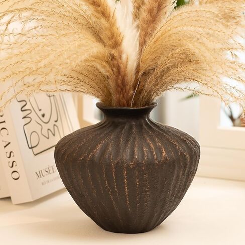 Black Ceramic Vase 7.95 Inch – Handmade with Hand-Painted Gold Detailing – Sculptural Art Decor for Modern Minimalist Home – Organic Tabletop Flower Vase for Living Room or Shelf in Saudi Arabia