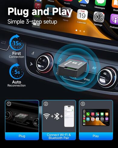 محول CarPlay اللاسلكي 2 في 1 لـ iPhone & Android ، قم بتحويل سلكية إلى محول Apple CarPlay اللاسلكي ، وحجم مصغرة مع كابل التمديد USB و USB-A/Type-C ، والتحكم المستقر ولا يوجد تأخير in Kuwait