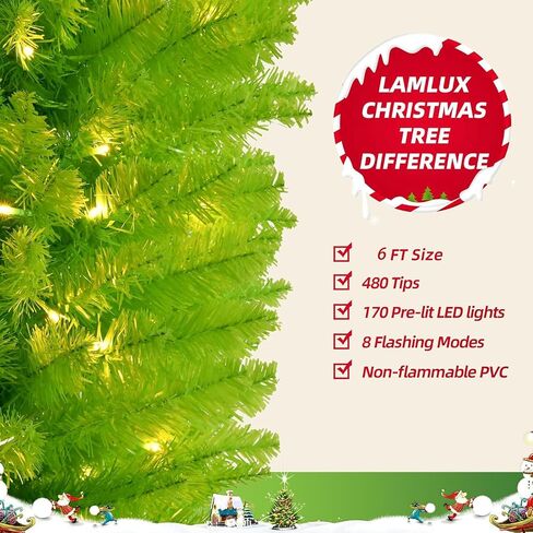 Whimsical Christmas Tree - 5.5 FT Pre-Lit Artificial Grinchs Christmas Tree with Lights - 480 Tips/ 170 LED Lights/Metal Stand - Perfect for Christmas Decorations Indoor/Party Decoration in Saudi Arabia