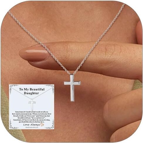 FaithHeart Stainless Steel Small Silver Cross Necklace for Women with Message Card - Non Tarnish Dainty Christian Faith Pendant Necklaces Gifts for Mom Wife, Birthday Jewelry Gift for Her in Saudi Arabia
