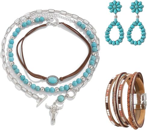 QCWN Women's Western Cowgirl Necklace Set - Layered Boho Necklaces with Vintage Turquoise, Moon, Cowboy Boot | Western Accessories for Country Outfits in Kuwait